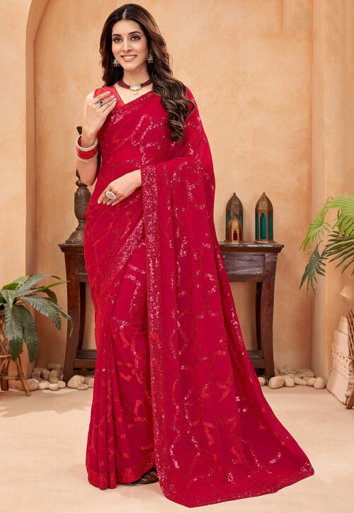 Embroidered Georgette Saree in Fuchsia