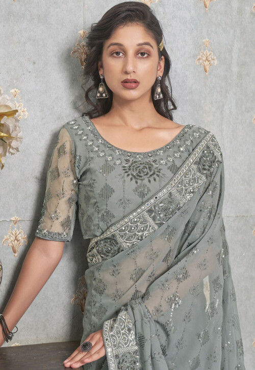 Embroidered Georgette Saree in Grey