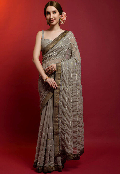 Embroidered Georgette Saree in Grey