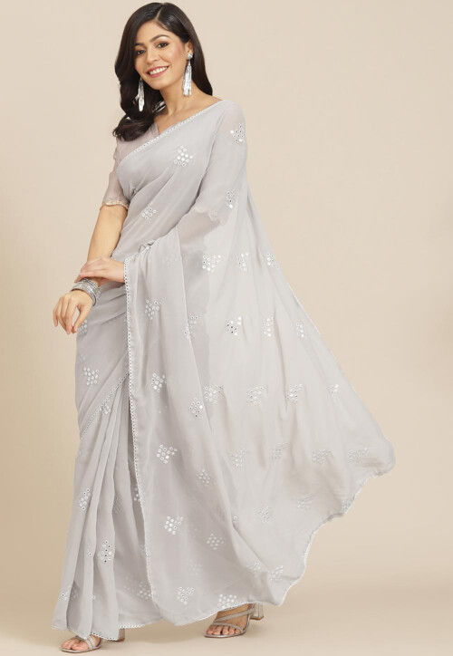 Embroidered Georgette Saree in Grey