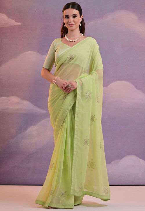 Embroidered Georgette Saree in Light Green