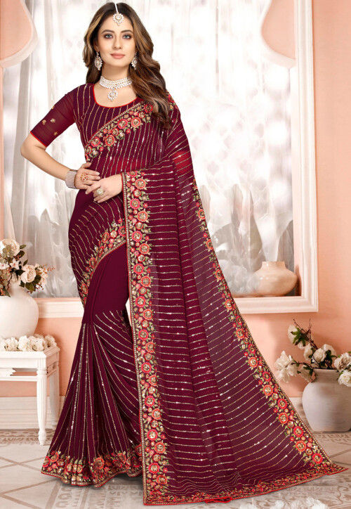Embroidered Georgette Saree in Maroon