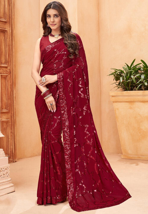 Embroidered Georgette Saree in Maroon
