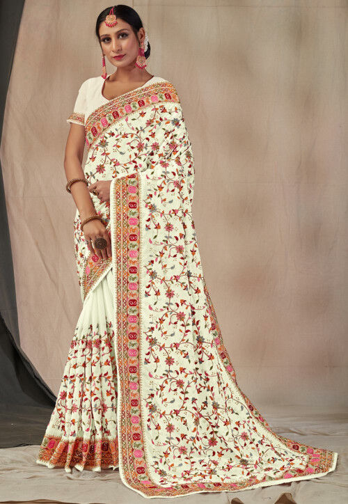 Embroidered Georgette Saree in Off White