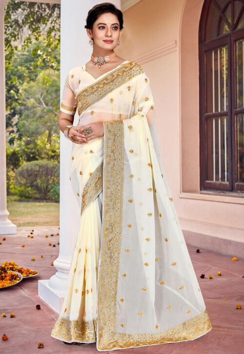 Buy Traditional Wear White Zari Embroidery Georgette Saree Online From  Surat Wholesale Shop.