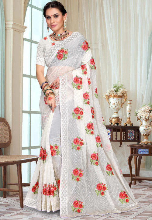 Embroidered Georgette Saree in Off White