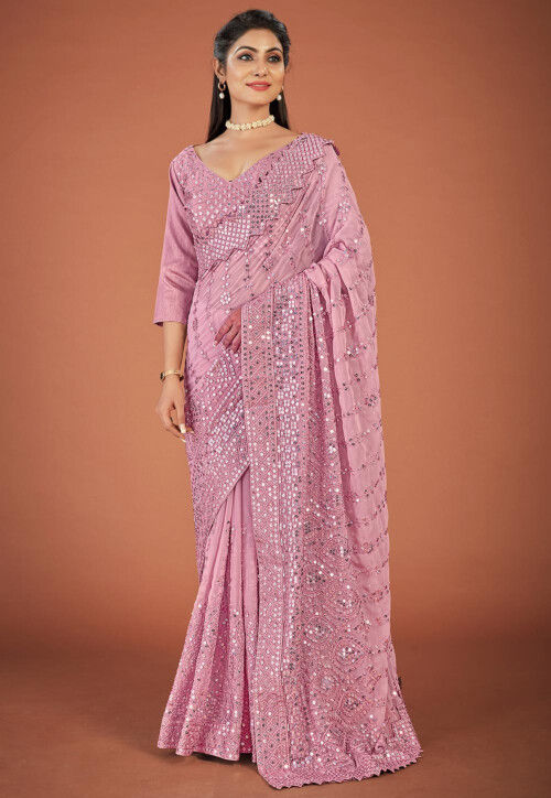 Embroidered Georgette Saree in Old Rose