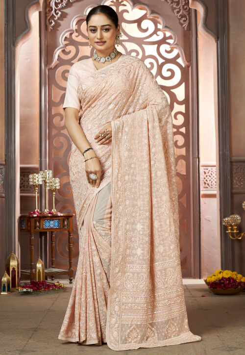 Embroidered Georgette Saree in Peach