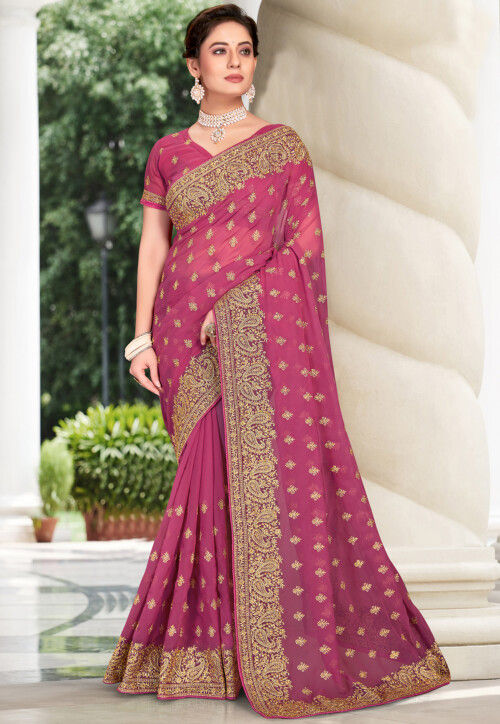 Embroidered Half N Half Georgette Saree in Red and Cream | Saree, Georgette  sarees, Georgette fabric