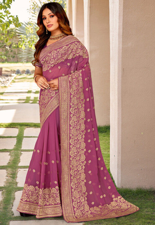 Embroidered Georgette Saree in Pink