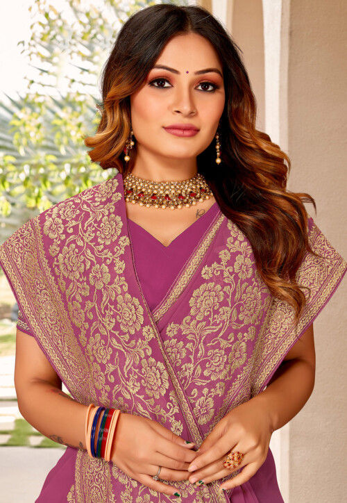 Embroidered Georgette Saree in Pink
