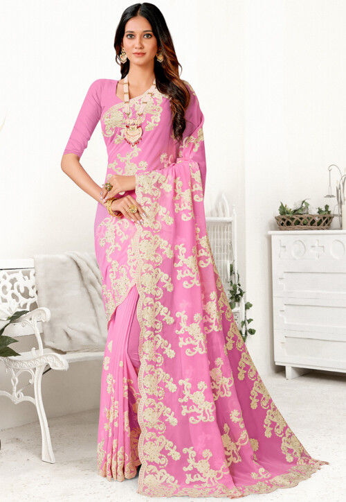 Embroidered Georgette Saree in Pink