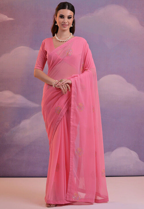 Embroidered Georgette Saree in Pink