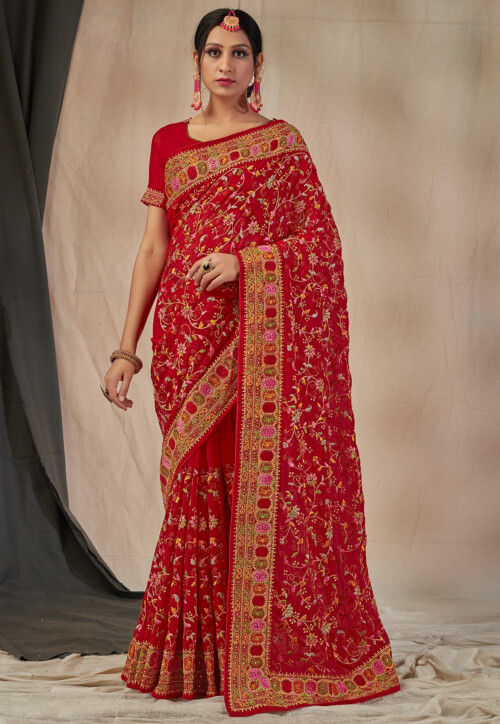 Red Zari Embroidery Stone Border Georgette Party Wear Wedding Saree for  Women | eBay