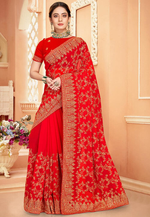 Orange Stone Work Saree In Georgette Latest 3058SR63