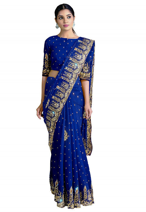 Vishal Prints Ink Blue Art Silk Saree With Embroidery Work And Tassel