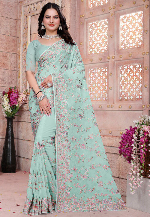 Embroidered Georgette Saree in Sea Green