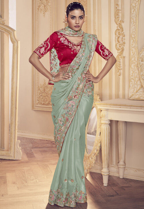 Embroidered Georgette Saree in Sea Green