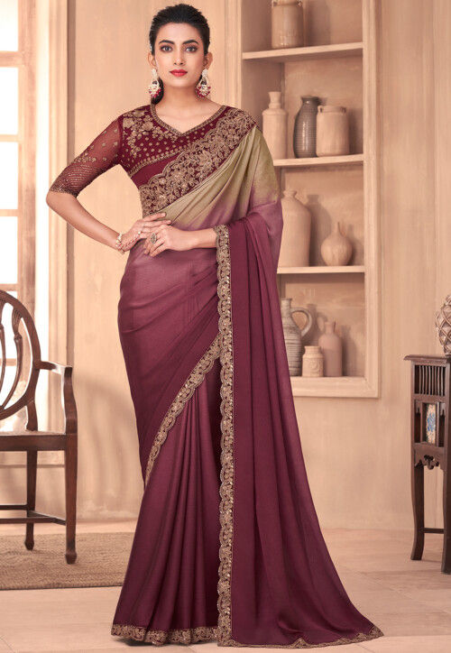 Embroidered Georgette Saree in Shade Purple and Beige