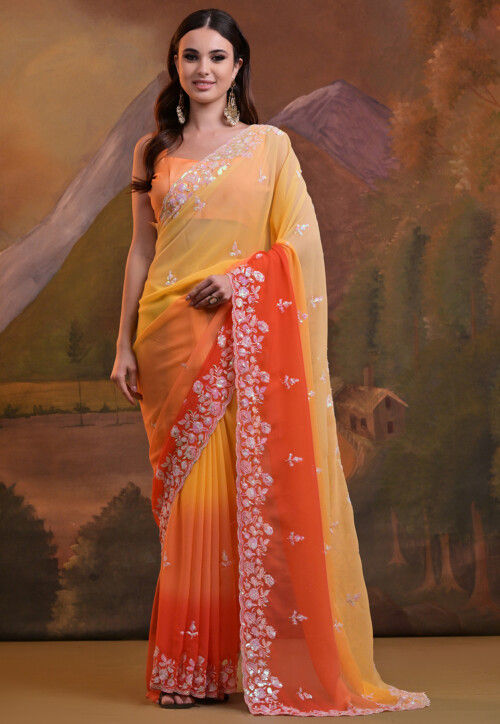 Embroidered Georgette Saree in Shaded Yellow and Orange