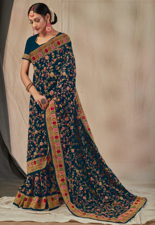 Embroidered Georgette Saree in Teal Blue