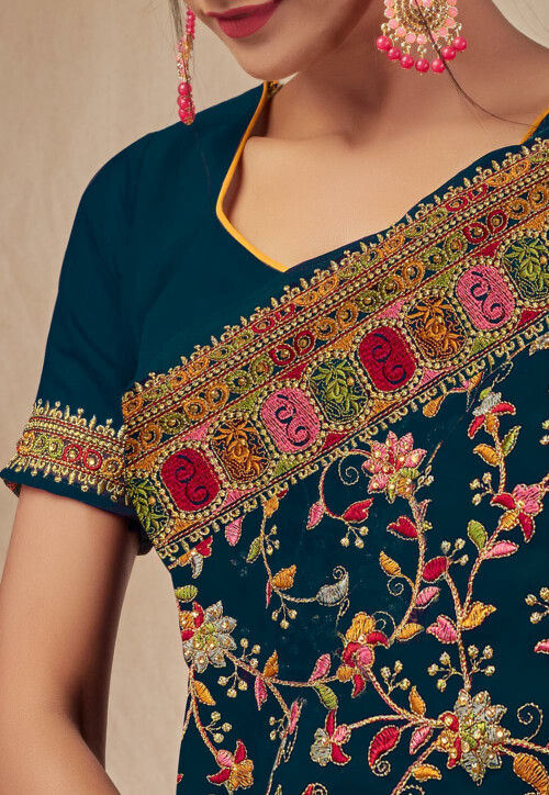 Embroidered Georgette Saree in Teal Blue