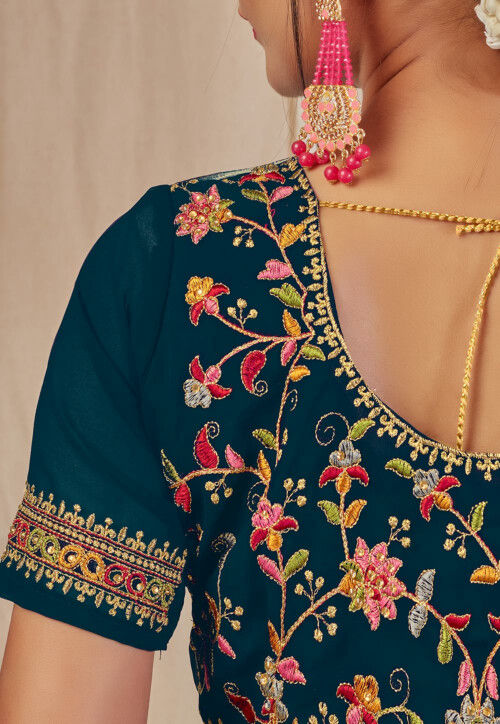 Embroidered Georgette Saree in Teal Blue