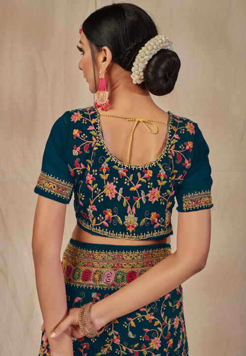 Embroidered Georgette Saree in Teal Blue