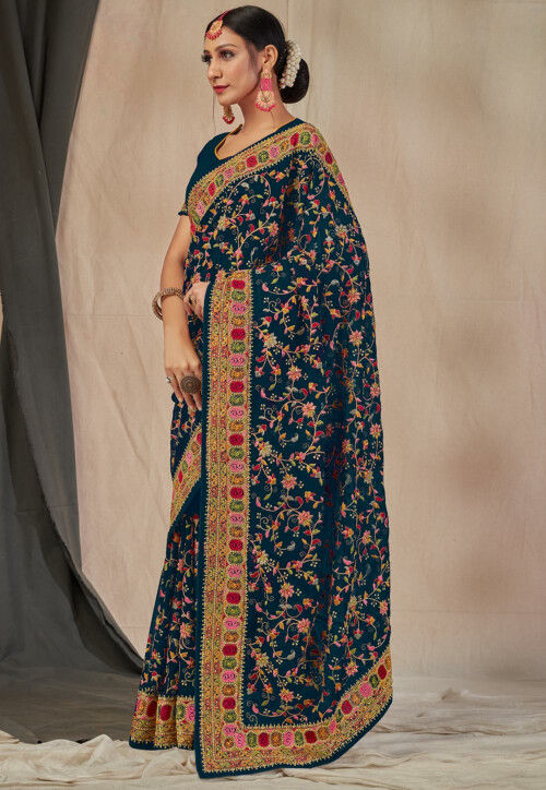 Embroidered Georgette Saree in Teal Blue
