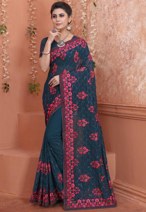 Embroidered Georgette Saree in Teal Blue