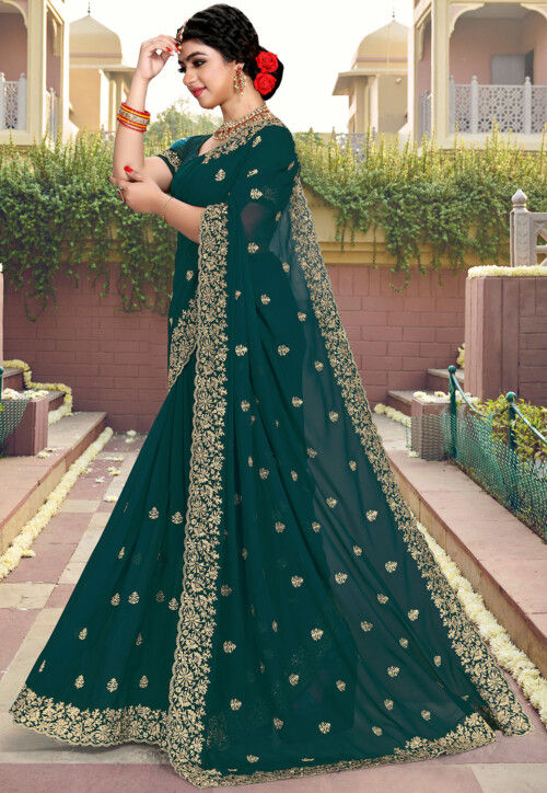 Embroidered Georgette Saree in Teal Blue