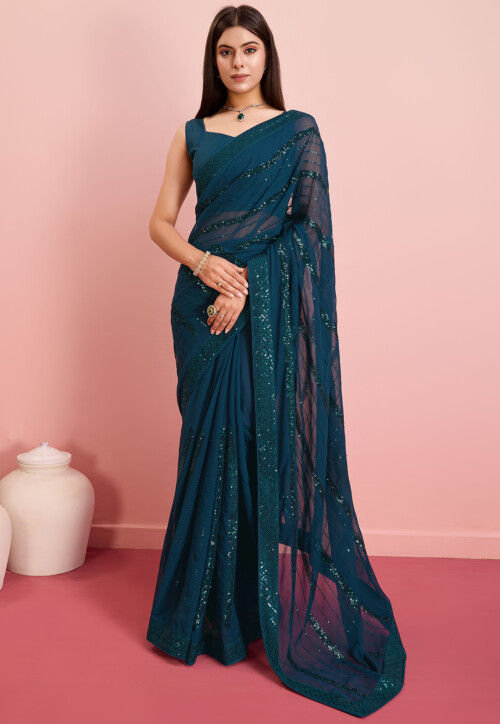 Embroidered Georgette Saree in Teal Blue