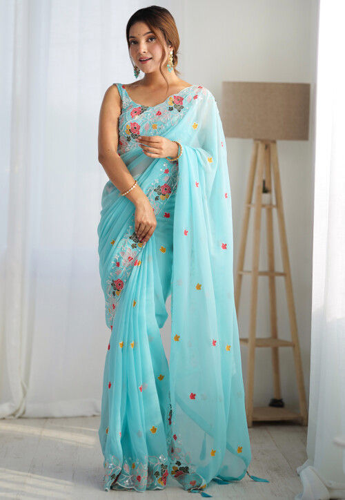 Embroidered Georgette Saree in Turquoise