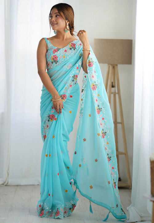 Embroidered Georgette Saree in Turquoise