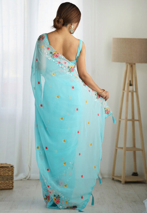 Embroidered Georgette Saree in Turquoise