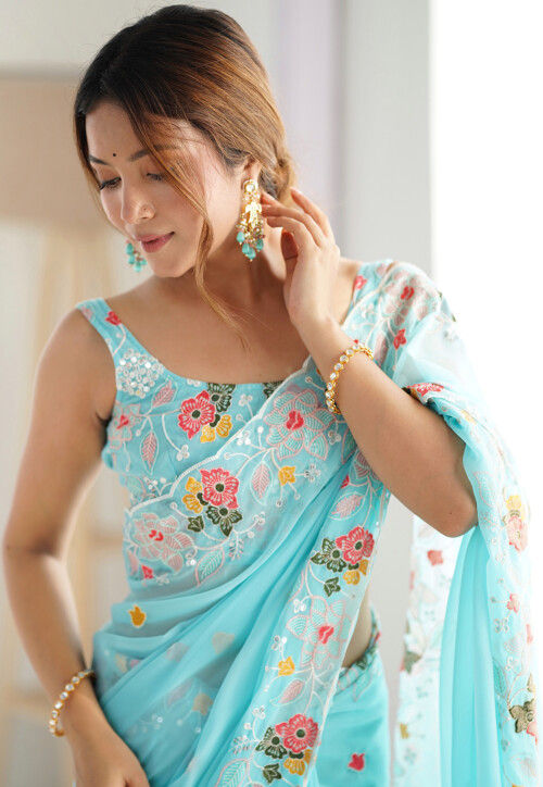 Embroidered Georgette Saree in Turquoise