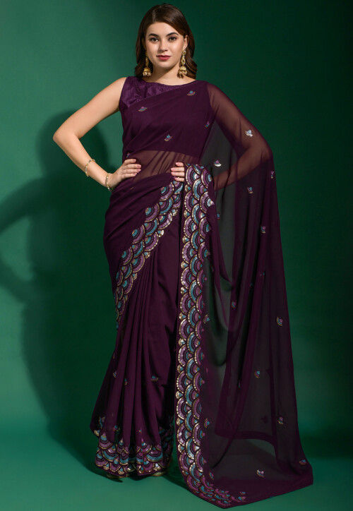 Embroidered Georgette Saree in Wine