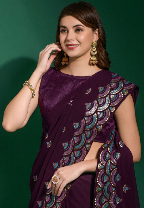 Embroidered Georgette Saree in Wine