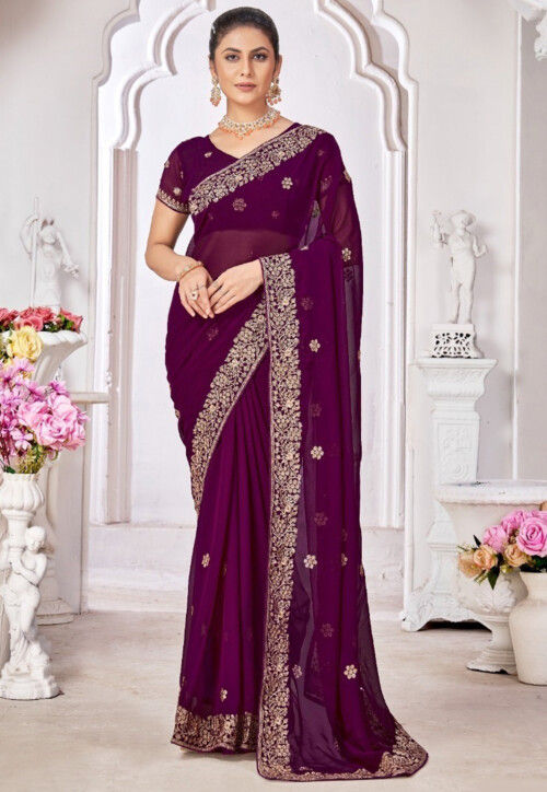 Embroidered Georgette Saree in Wine