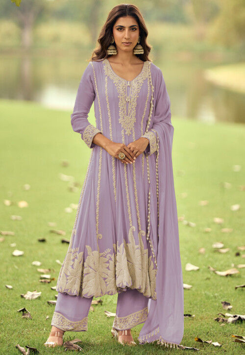 Embroidered Georgette Scalloped Anarkali Suit in Purple
