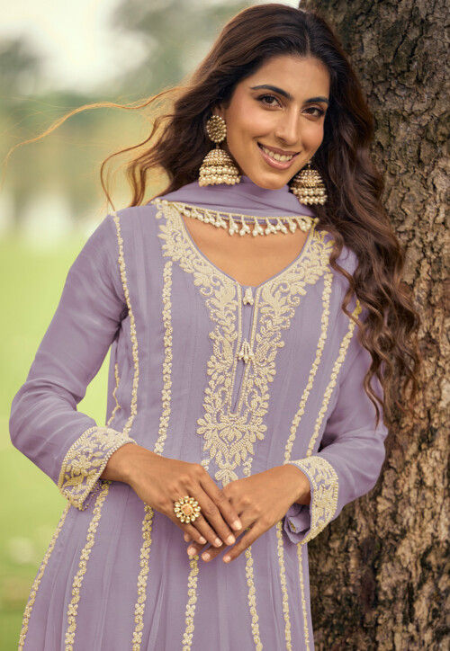 Embroidered Georgette Scalloped Anarkali Suit in Purple