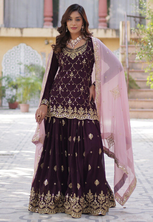Embroidered Georgette Scalloped Lehenga in Purple