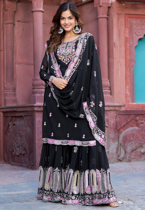Embroidered Georgette Scalloped Pakistani Suit in Black