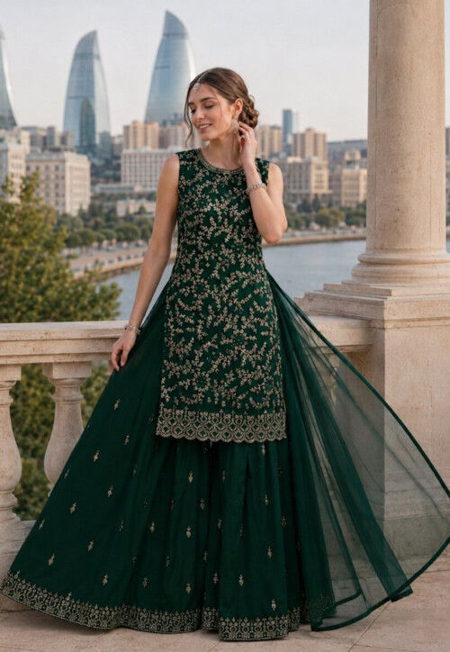 Embroidered Georgette Scalloped Pakistani Suit in Dark Green