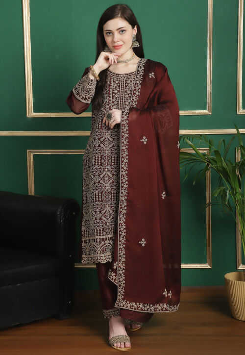 Embroidered Georgette Scalloped Pakistani Suit in Maroon