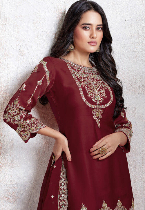 Embroidered Georgette Scalloped Punjabi Suit in Maroon