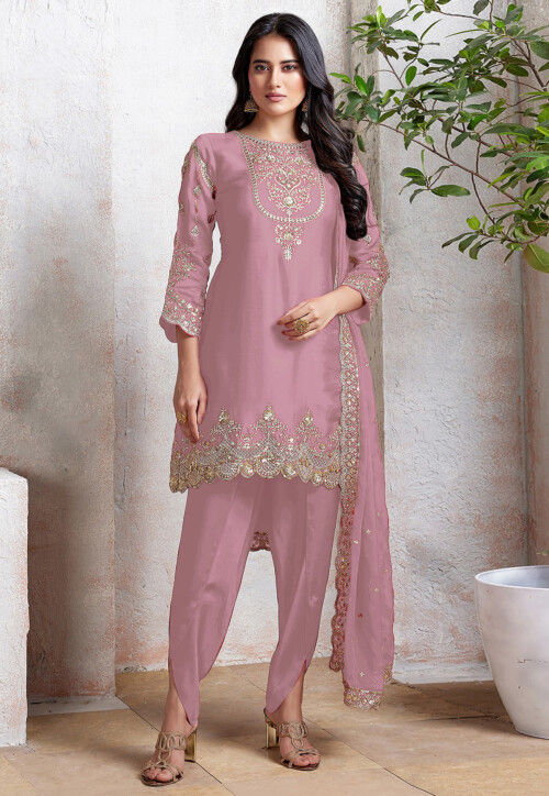 Embroidered Georgette Scalloped Punjabi Suit in Pink