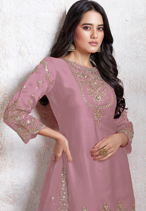 Embroidered Georgette Scalloped Punjabi Suit in Pink
