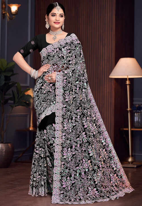 Embroidered Georgette Scalloped Saree in Black