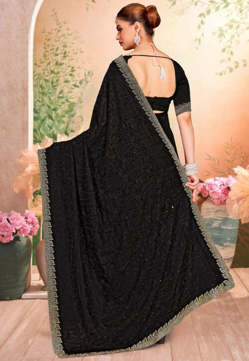 Embroidered Georgette Scalloped Saree in Black